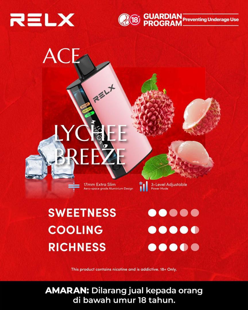 Relx Ace 30000 Puffs, Lychee Breeze flavor, Vape Malaysia - Vapelala