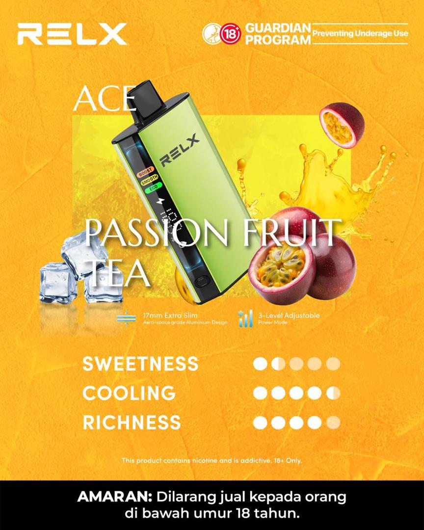 Relx Ace 30000 Puffs, Passion Fruit Tea flavor, Vape Malaysia - Vapelala