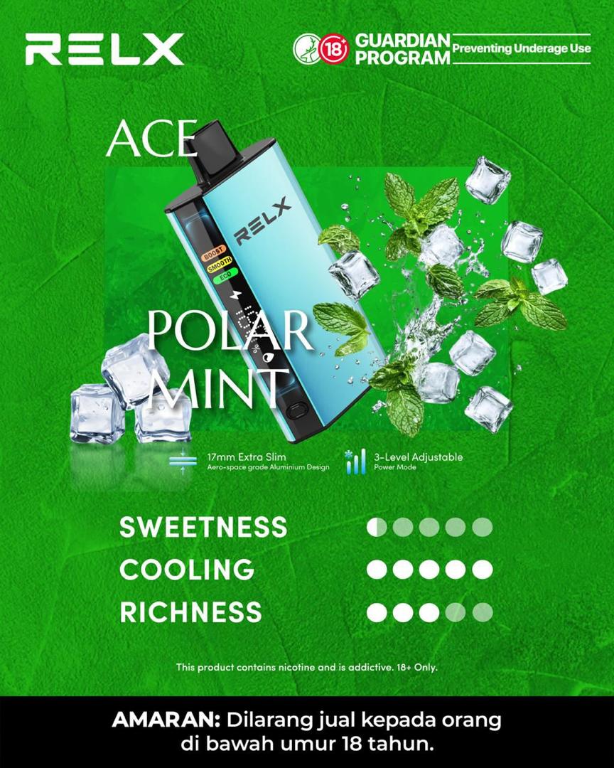 Relx Ace 30000 Puffs, Polar Mint flavor, Vape Malaysia - Vapelala