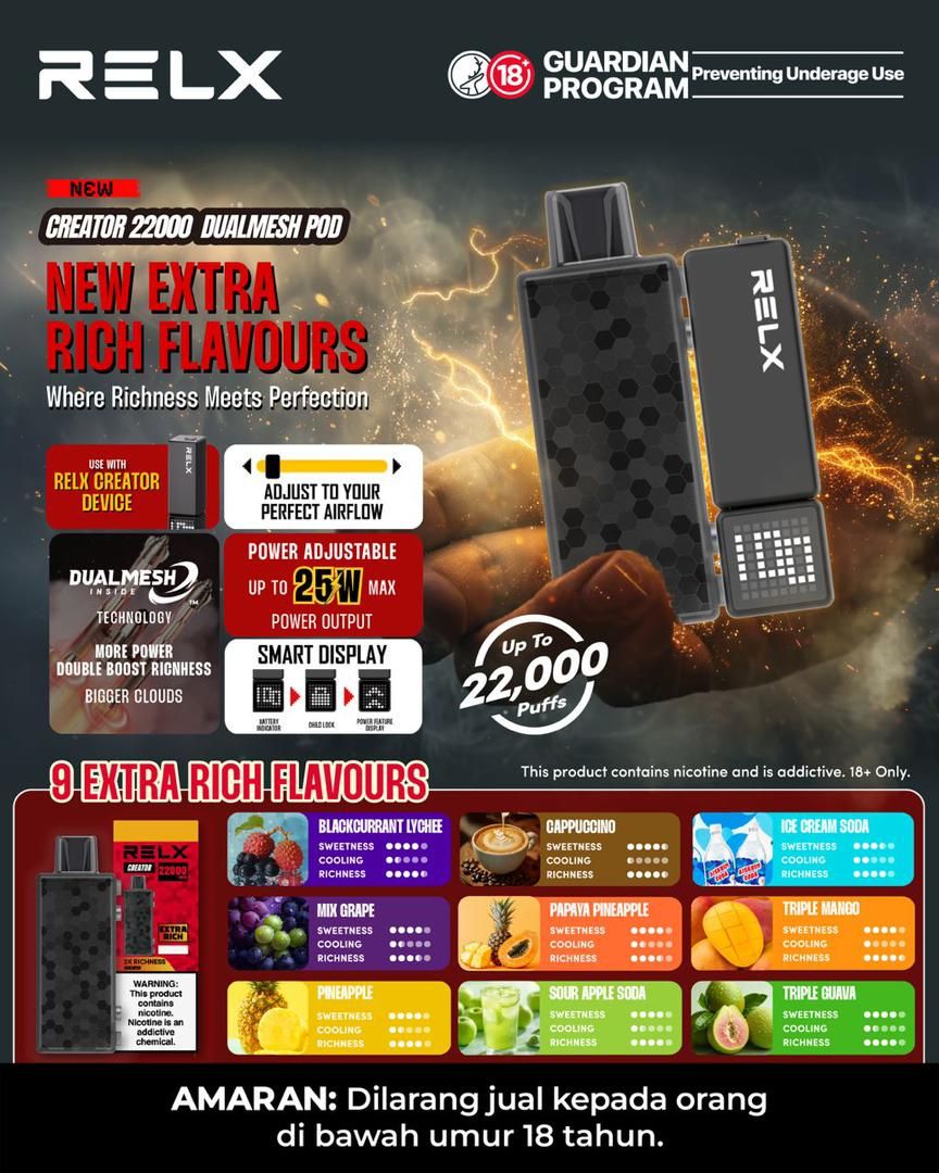 RELX Creator 22000 flavour chart and device overview in Malaysia